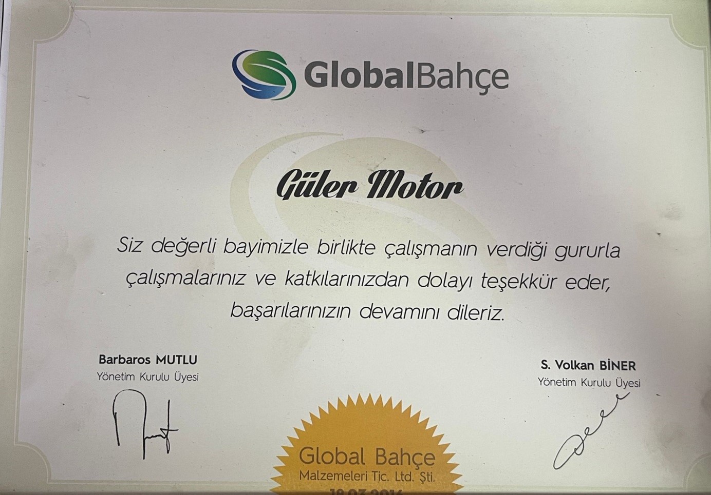 GLOBAL BAHÇE YETKİLİ BAYİ BELGESİ